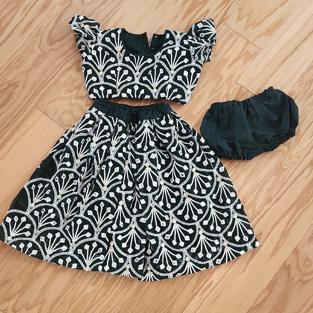 Dark Green and White Three-Piece Lehanga Choli For Girls 2-3 Yrs Short Sleeves